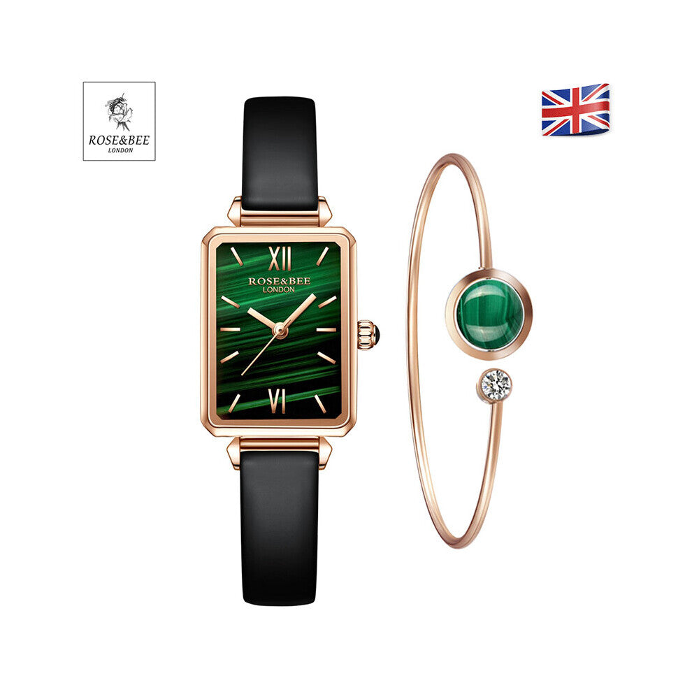 Bracelet & watch Leather Strap Green Malachite Japan Quartz Lady First Layer Cowhide Belt Rose Women Watches