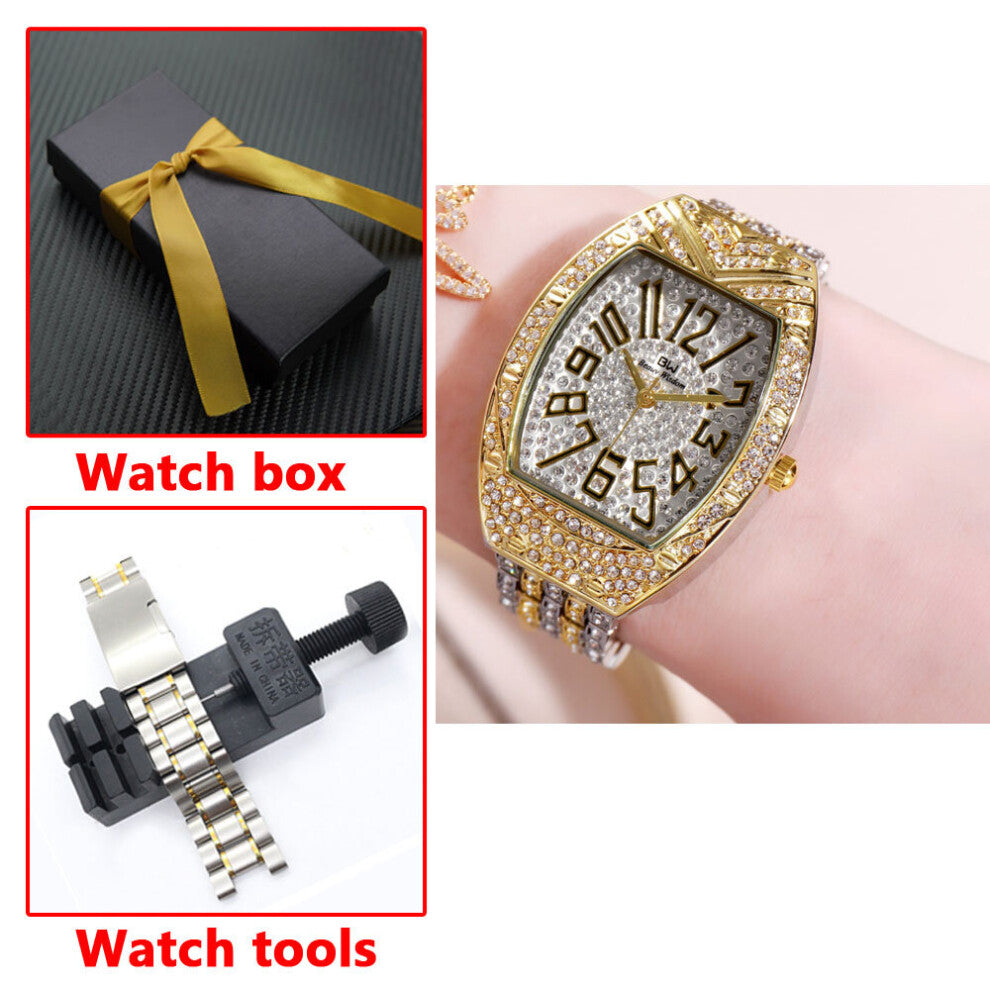 Bracelet Watch Tonneau Shaped Full Diamond Female Watch Quartz Waterproof Stainless Steel Wrist Watches