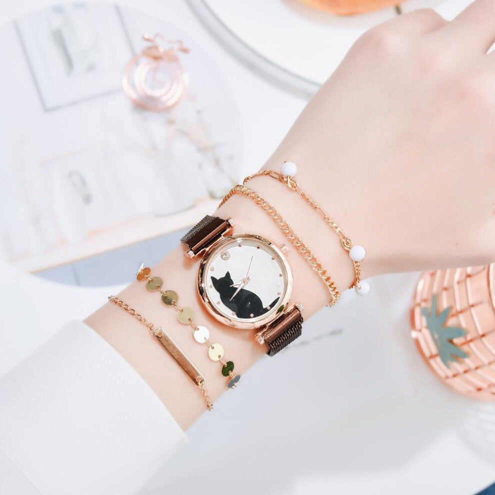 5pcs Set Watches For Women Magnet Cat Pattern Watch Women Quartz Wristwatch Ladies Bracelet Watch