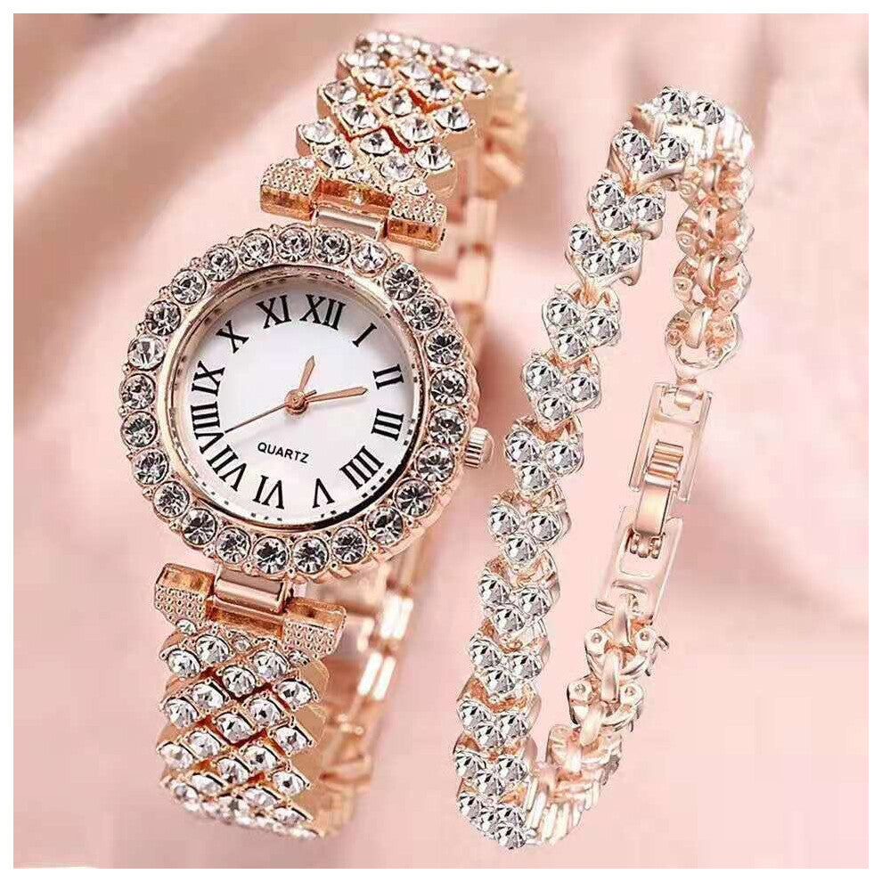 2 Pcs Set Ladies Bracelet Watches Leisure Women Stainless Steel Watch Rhinestone Quartz for Women Watches