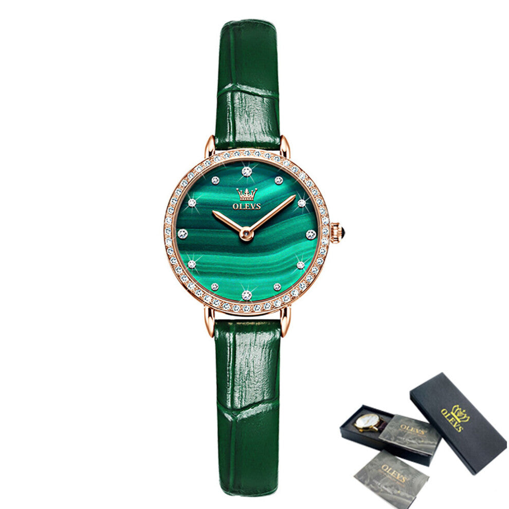 Casual Retro Leather Strap Waterproof Scratch Resistant Mirror Green Dial Necklace Bracelet Watch Gift Set