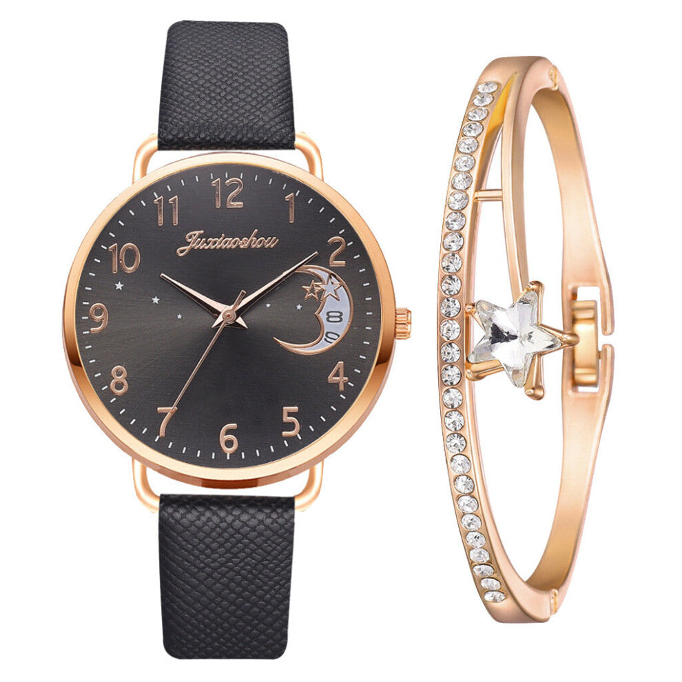 Women Watch Moon Numbers Dial Bracelet Watches Set Ladies Leather Quartz Wristwatch Female Clock relogio feminino