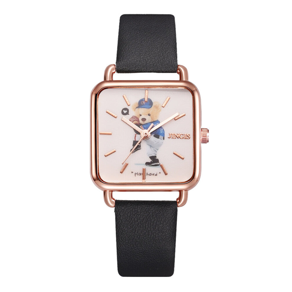 Casual Women Watches Bear Pattern Square Bracelet Watches Set Ladies Leather Band Quartz Wristwatch Female Clock Zegarek Damski