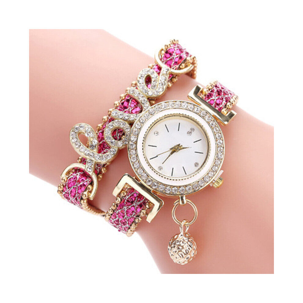 Women Bracelet Watches Ladies Love Leather Strap Rhinestone Quartz Wrist Watch LL@17