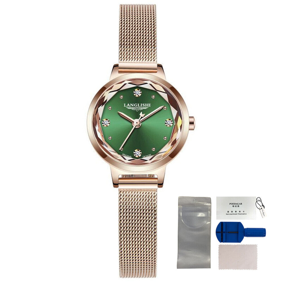 POEDAGAR Women Watches Bracelet Watch Green Dial Rose Mesh Ladies Japan Quartz Wristwatch Waterproof