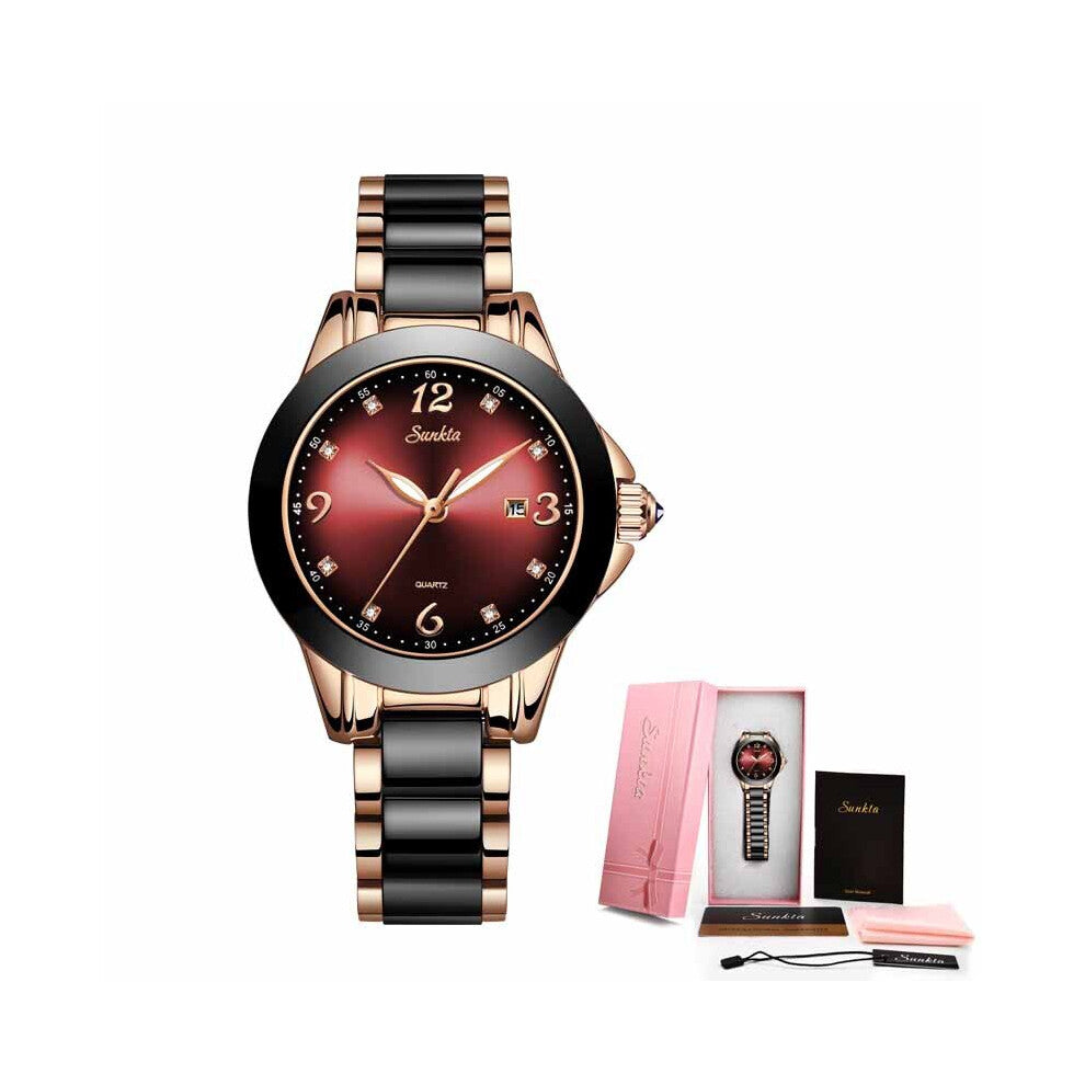 SUNKTA Women Watches Ladies Top Ceramic Rhinestone Sport Quartz Watch Women Waterproof Bracelet Watch