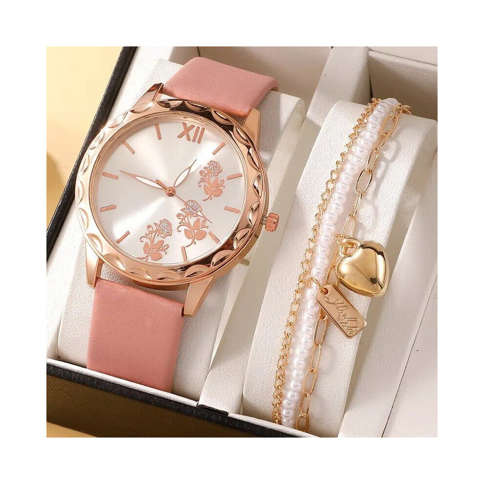 Women's Watch Rose Dial Bracelet Watches Ladies Leather Band Quartz Wristwatch Women Watches 2pcs -Set Gift