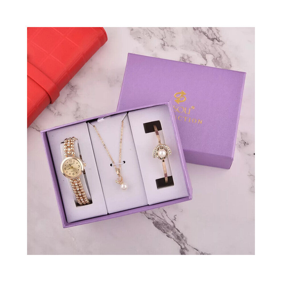 Women Crystal Bracelet Watches Set Female Quartz Watch Women Watch Bangle Necklace Set 3 Pcs For Women's Gift