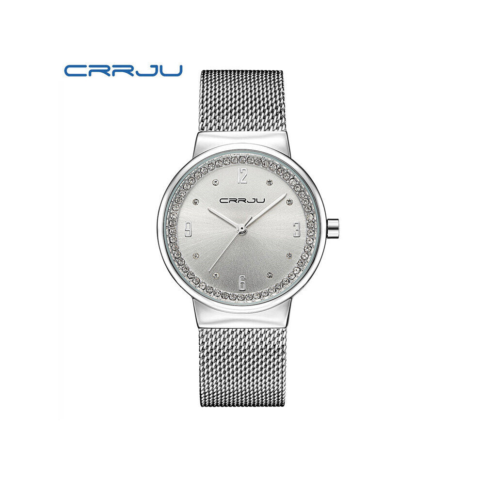 Top CRRJU Women Quartz Bracelet Watch Women Dress Watches Ladies Casual Silver Rhinestones WristWatch