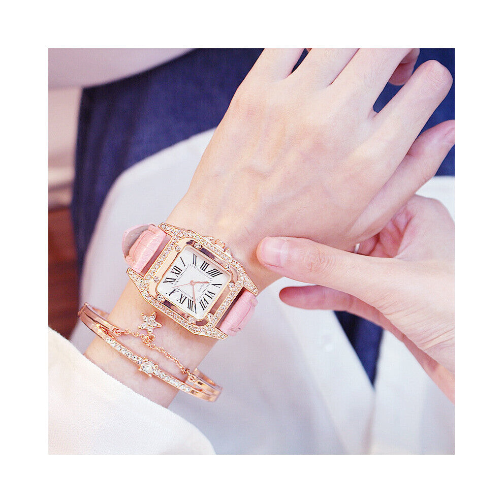 2pcs Women Diamond Watch Starry Square Dial Bracelet Watches Set Ladies Leather Band Quartz Wristwatch Female Clock?No Box?