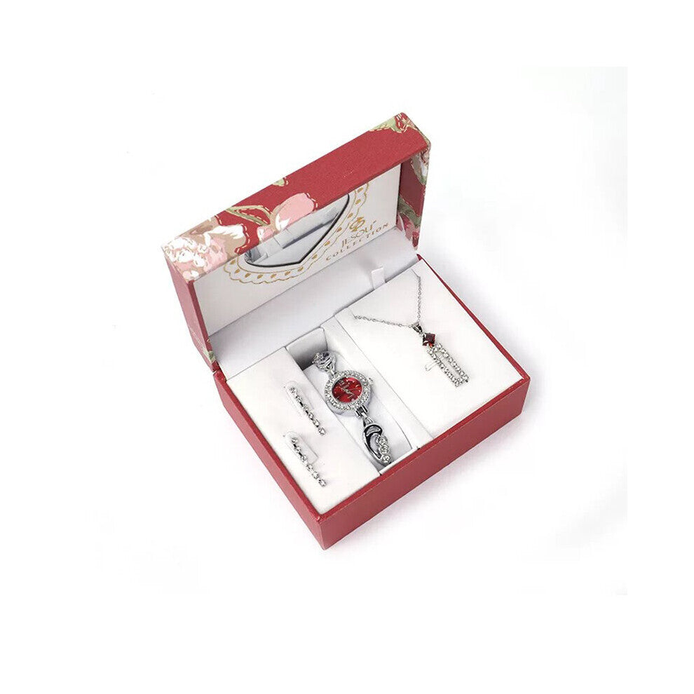 3pcs-Set Steel Strip Quartz Watch Women Diamond Bracelet Watches With Pendant Earrings Necklaces Gift For Ladies