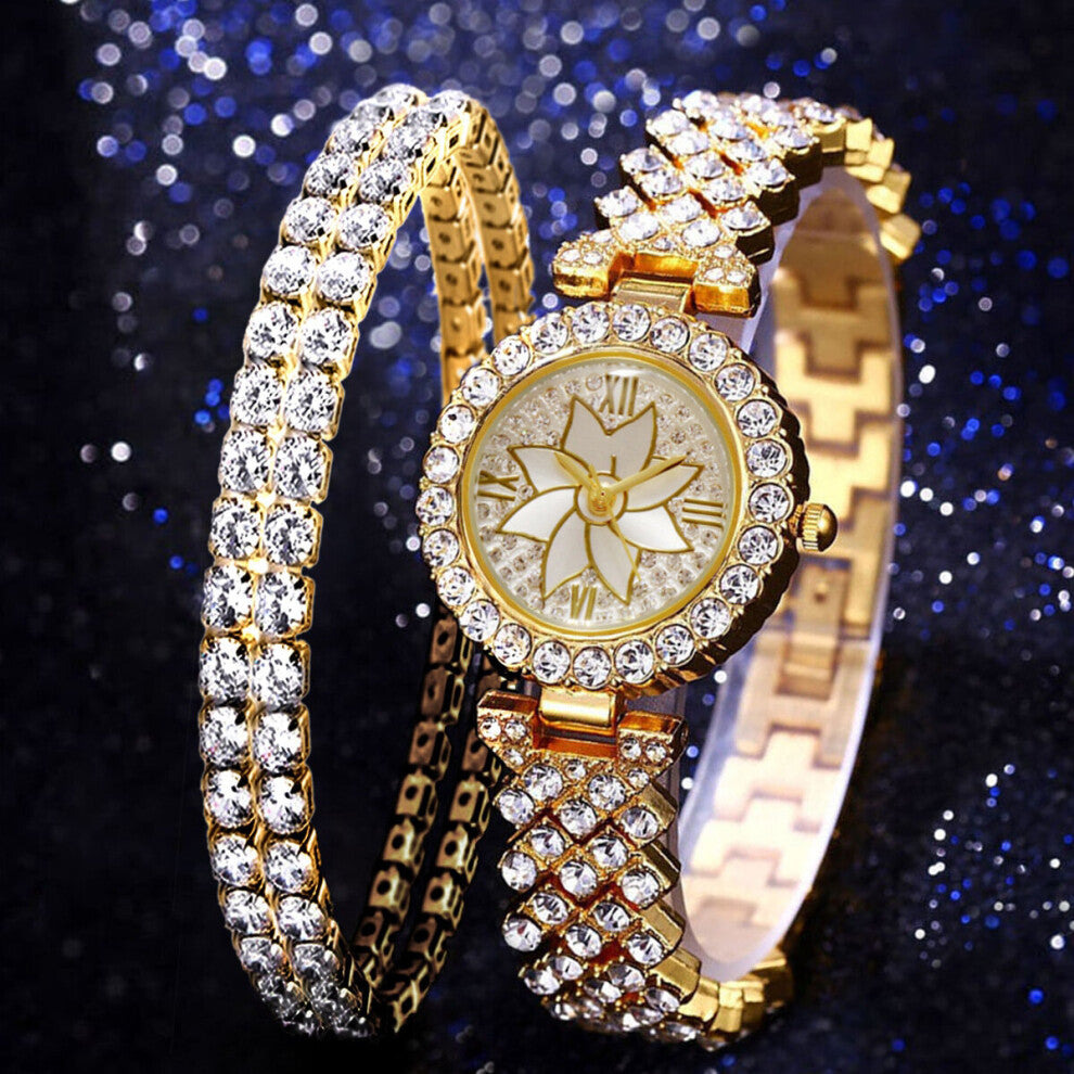 Women Bracelet Watches Set Flowers Full Diamond Watch Women Quartz Wristwatch Bracelet Set Ladies Dress Watch