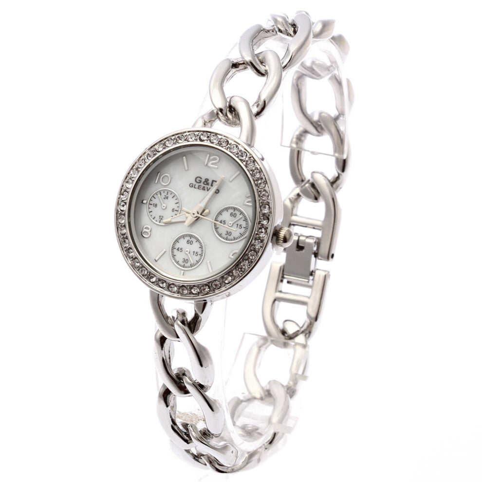 G&D Women Watch Silver Stainless Steel Band Rhinestone Bracelet Watch Women's Dial Quartz Analog Wrist Watches