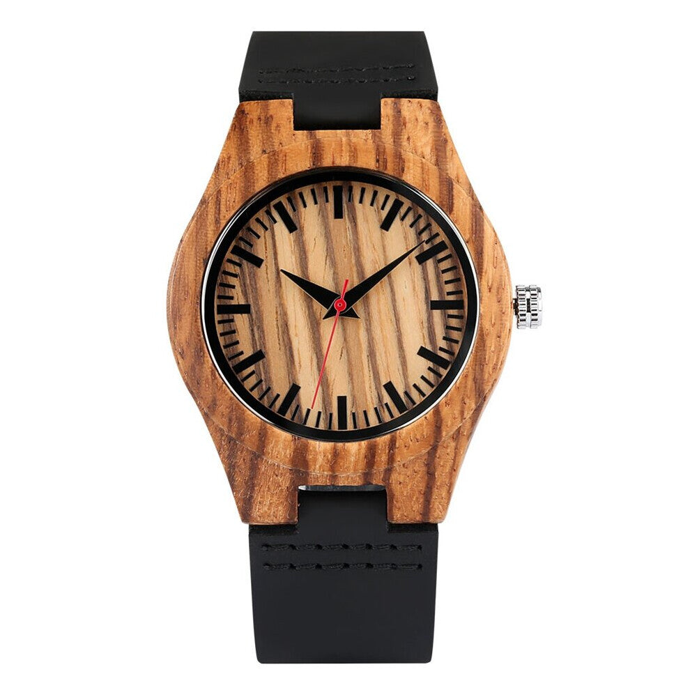 Minimalist Stripes Wood Watches Women's Watch Vintage Leather Bracelet Watch Red Analog Quartz Wristwatch Montre Femme