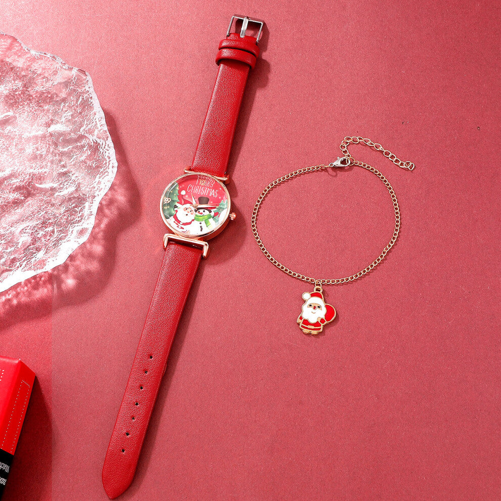 2pcs Christmas Santa Dial Women's Watch Bracelet Watches Set Ladies Leather Band Quartz Wristwatch?No Box?