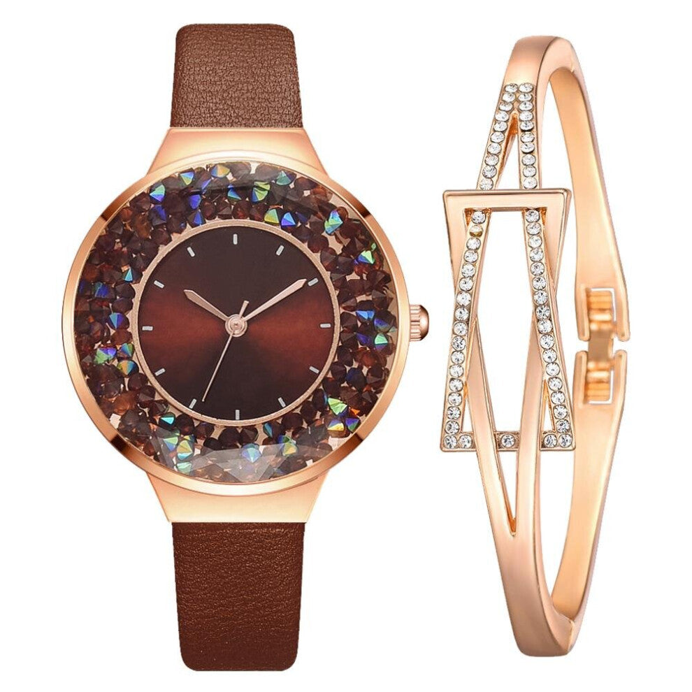 Women Bracelet Watch Sets Ladies Watches Leather Strap Movable Rhinestones Watch Female Wristwatches Clock