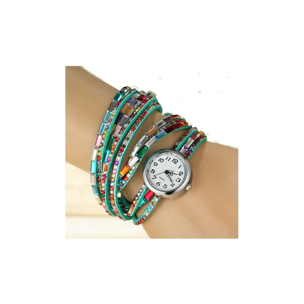 Strip Bracelet Watch women Rainbow Rhinestone PU Strap leather Wrap casual dress wristwatch reloj A241
