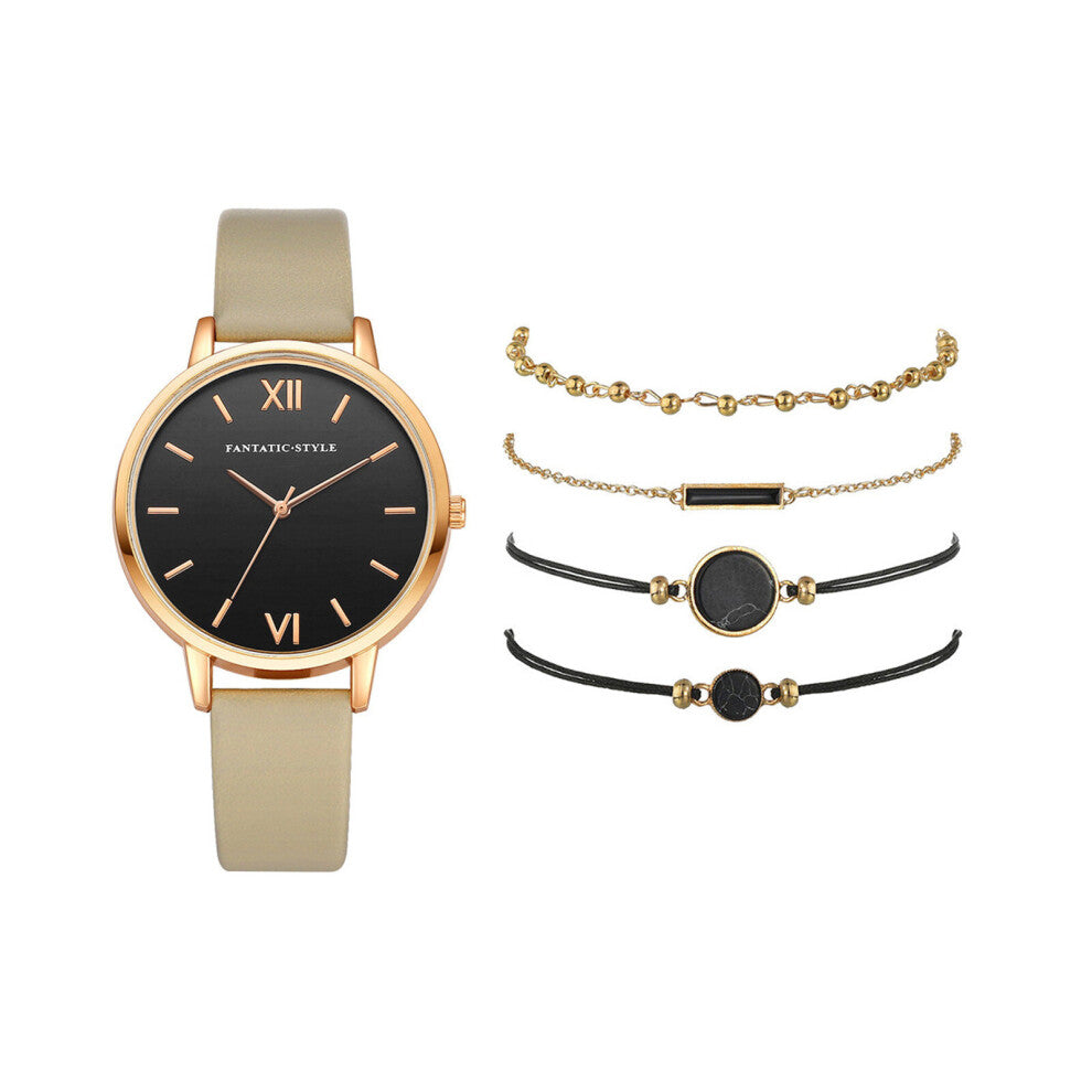 5pcs Set Watches Women Square Green Dial Leather Ladies Bracelet Watches Set Quartz Wrist Watch Clock