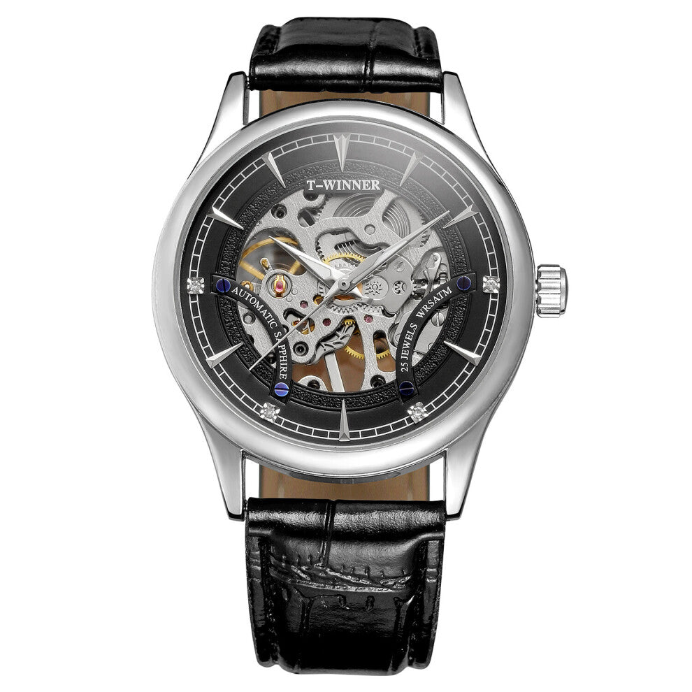 T-winner Casual Strip nail Double brackets hollow Mechanical Watch Round Watch Belt Watch