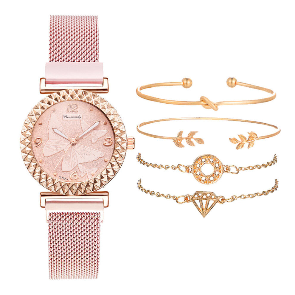 5PCS Women Bracelet Watch Set Rose Dress Ladies Watches Bracelet Women Quartz Watches for