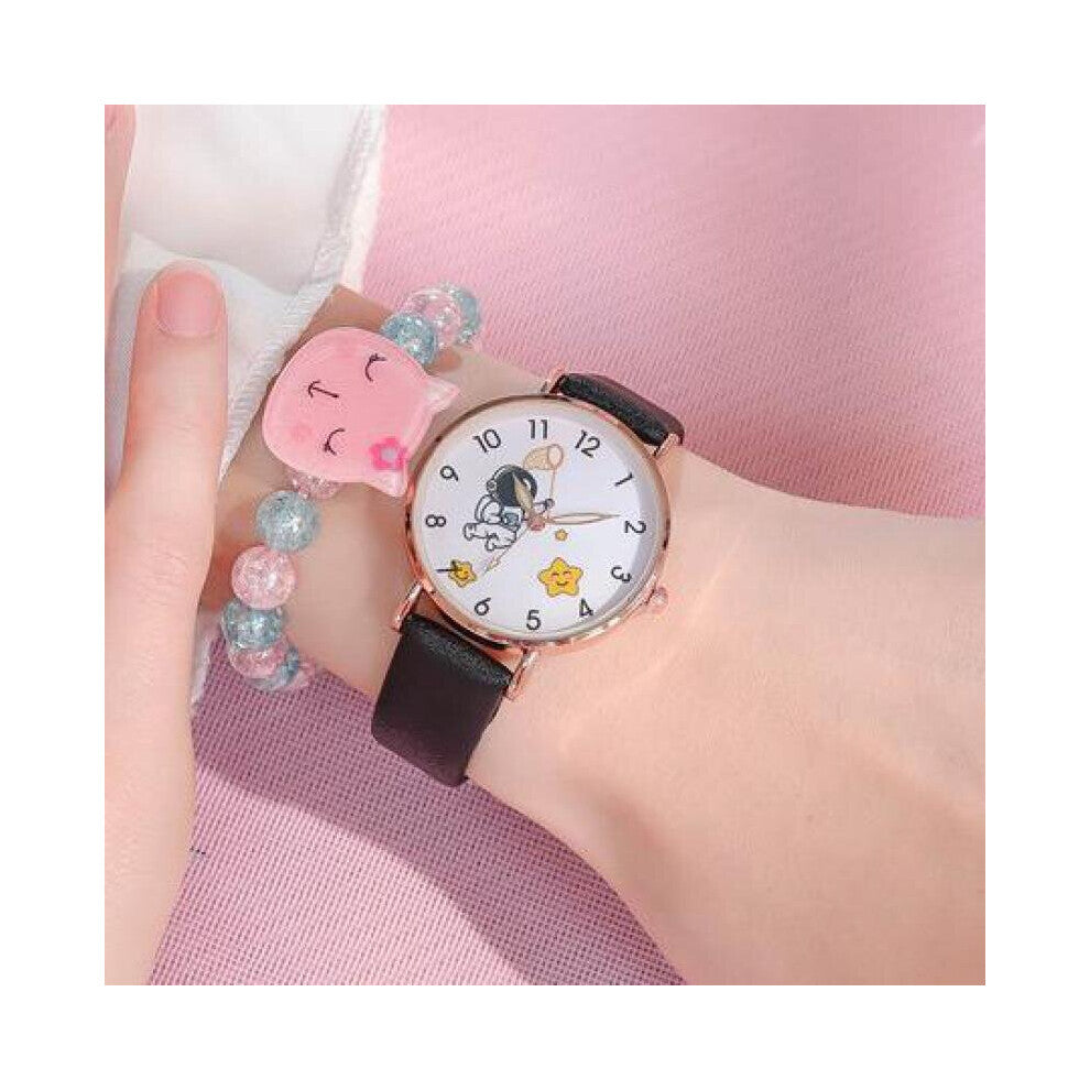 Round Quartz Cartoon Astronaut Dial Casual Watches Leather Strap Fashionable Clock Waterproof Wristwatch for Children