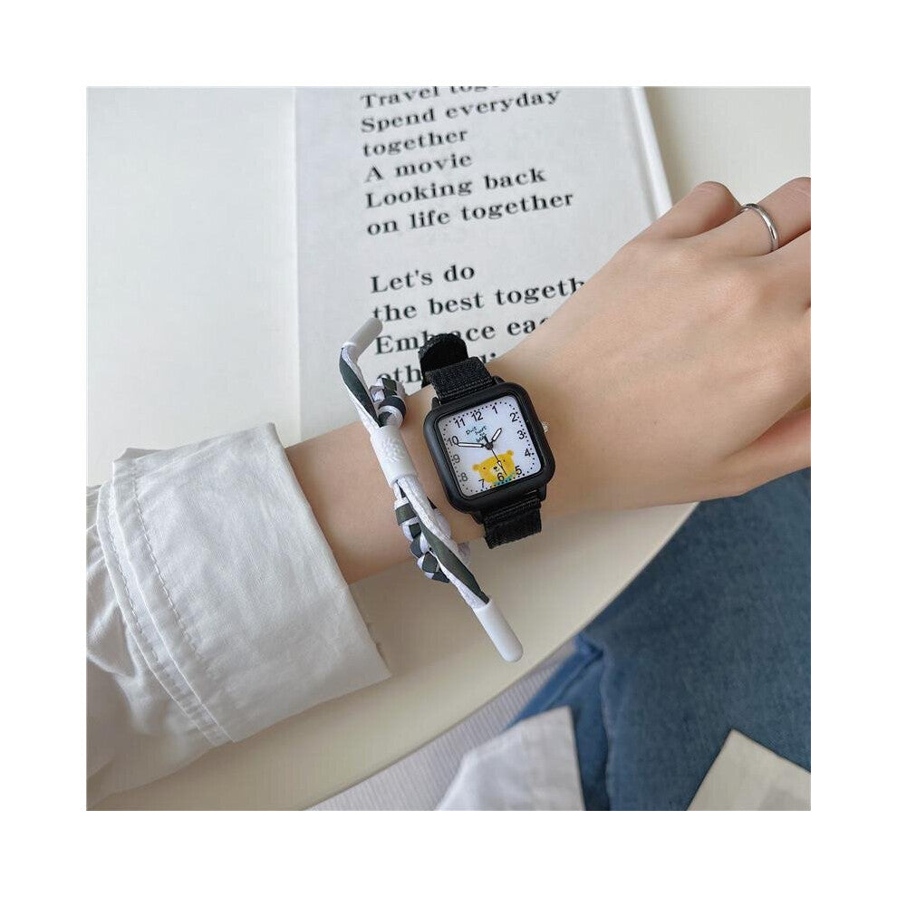 Square Quartz Cartoon Bear Dial Casual Wrist Watches Fabric Strap Fashionable Clock Waterproof Wristwatch for Children