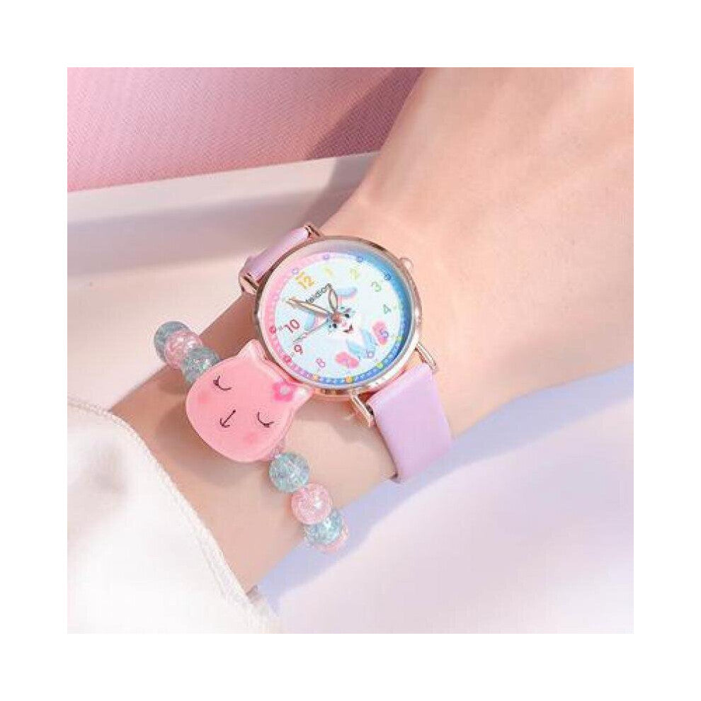 Round Quartz Cartoon Rabbit Dial Casual Wrist Watches Leather Strap Fashionable Clock Waterproof Wristwatch for Children