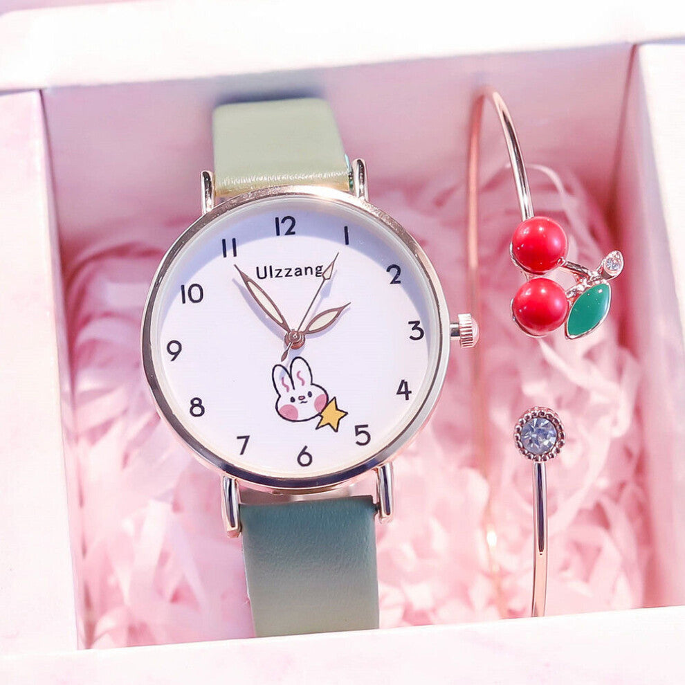 Girls Watch Set with Bracelet Little Girl Student Rabbit Dial Leather Quartz Luminous Analog Children Watches Birthday Gift