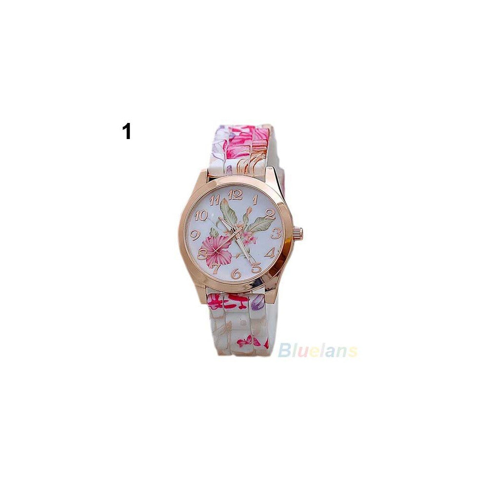 Women Watches Silicon Band Flower Print Jelly Sports Quartz Wrist Watch wristwatches 021K 3WJL