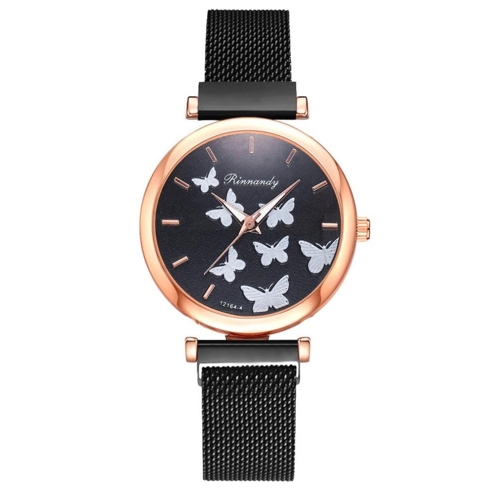 Alloy Mesh Strap Magnet Buckle Woman Watch Lady Casual Bracelet Set Watch Lady Butterfly Dial Quartz Watch