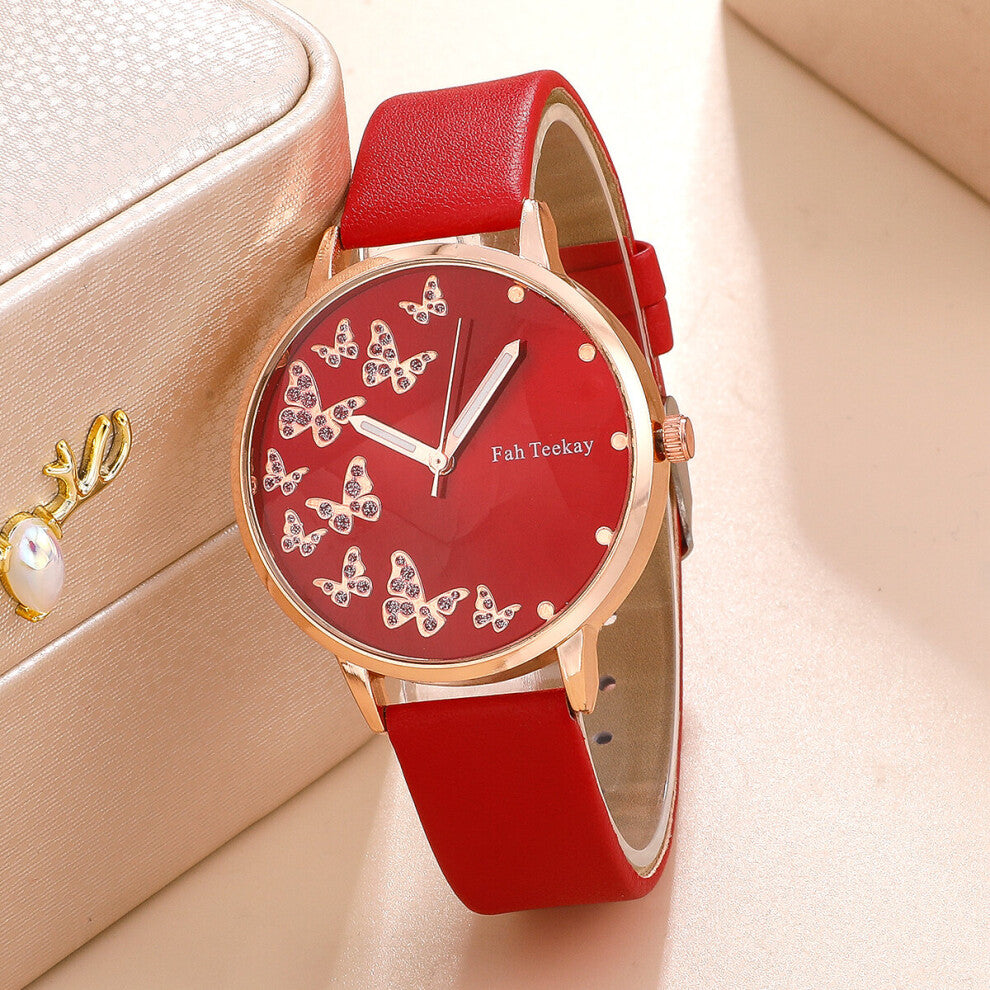 Women's Watches Delicate Butterfly Dial Leather Quartz WristWatch with Ladies's Fine Bracelet