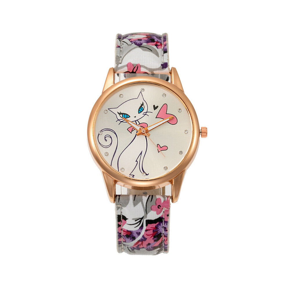 Cat Pattern Women's Wristwatch Flower Printing Ladies Watches Dress Girls Watch Rhinestone Quartz Leather Clock