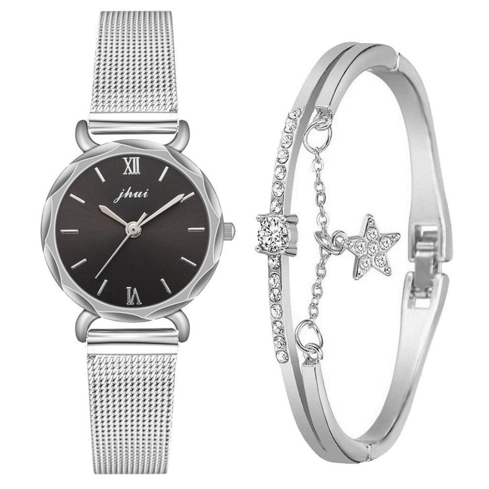 2pcs Set Women Watch Bracelet Set Rhinestone Sliver Ladies Watches Clock Gift For Female Girlfriend