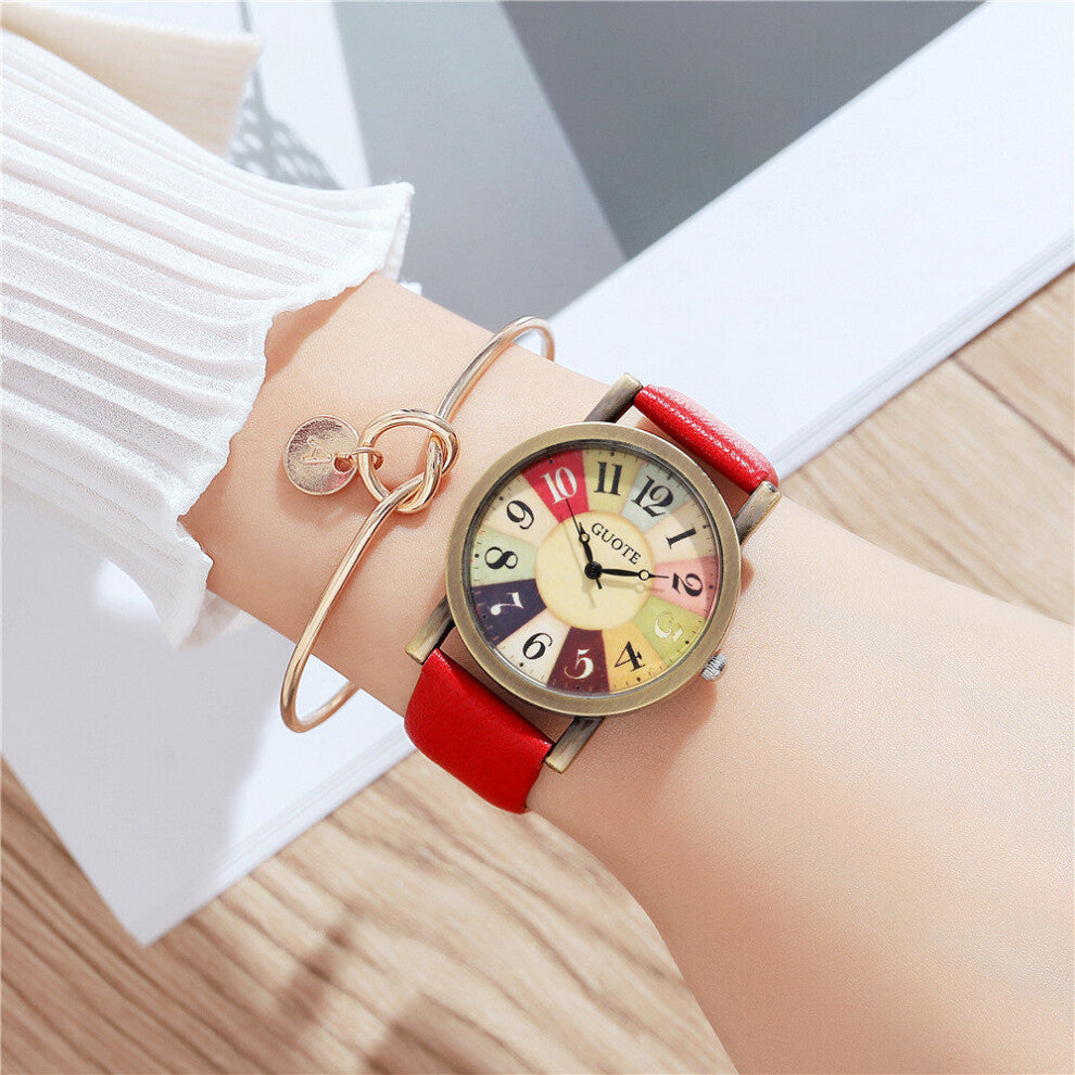 Punk Style Bronze Case Quartz Watch Women Colorful Dial Leather Wristwatch Analog Female Casual Clock Relogio