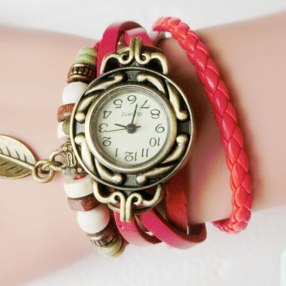 Hot Fast Women Children Retro Leatherwinding Bracelet Leaf Pendant Watch Quartz Wrist Watches Women Valentine Gift