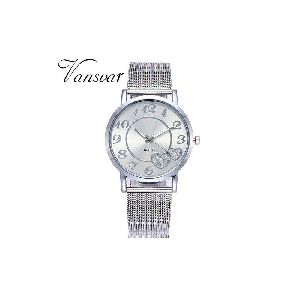 Women Silver & Mesh Love Heart Dial Wristwatches Steel Quartz Watches For Gift Clock
