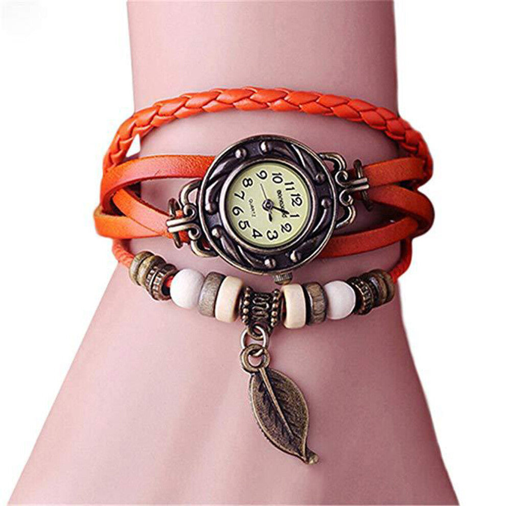 Multicolor High Hand Woven Women's Watches Leather Vintage Quartz Dress Watch Bracelet Wristwatches Leaf Gift C