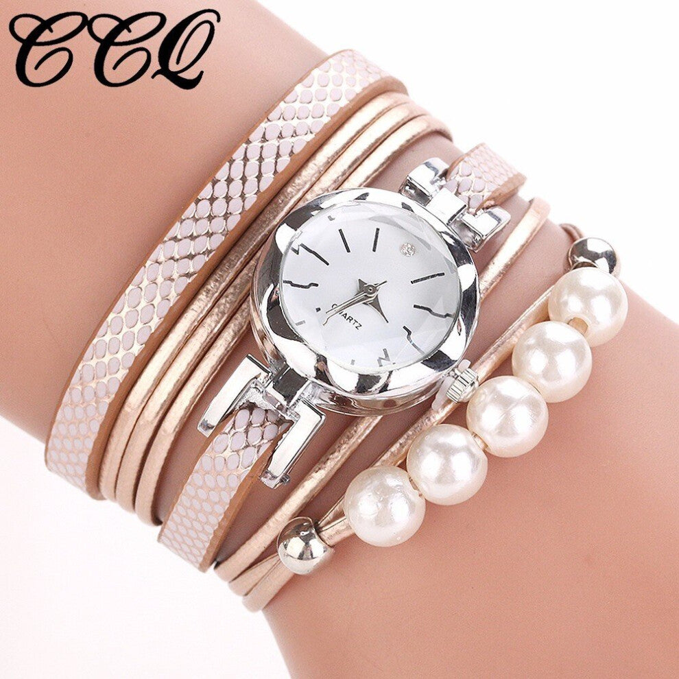 Women Leather Bracelet Pearls Wrist Watch Casual Ladies Silver Watch Clock Relogio Feminino Drop