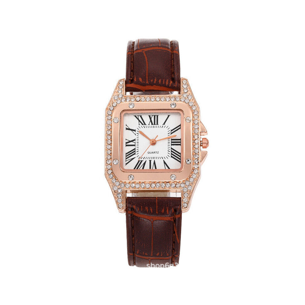 Women's Watches for Women Starry Square Rhinestone Quartz Wrist Watch Ladies Casual Brown Leather Watch