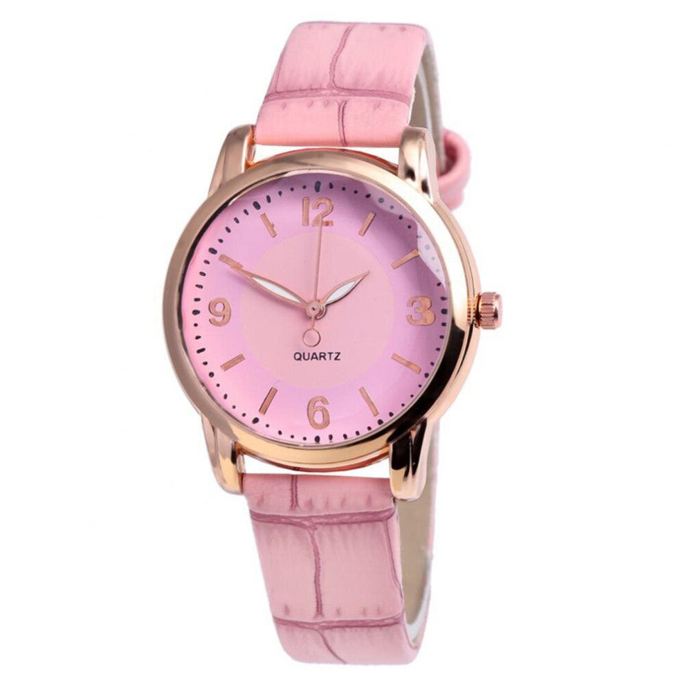 Women Round Dial Bamboo Grain Faux Leather Strap Analog Quartz Watch