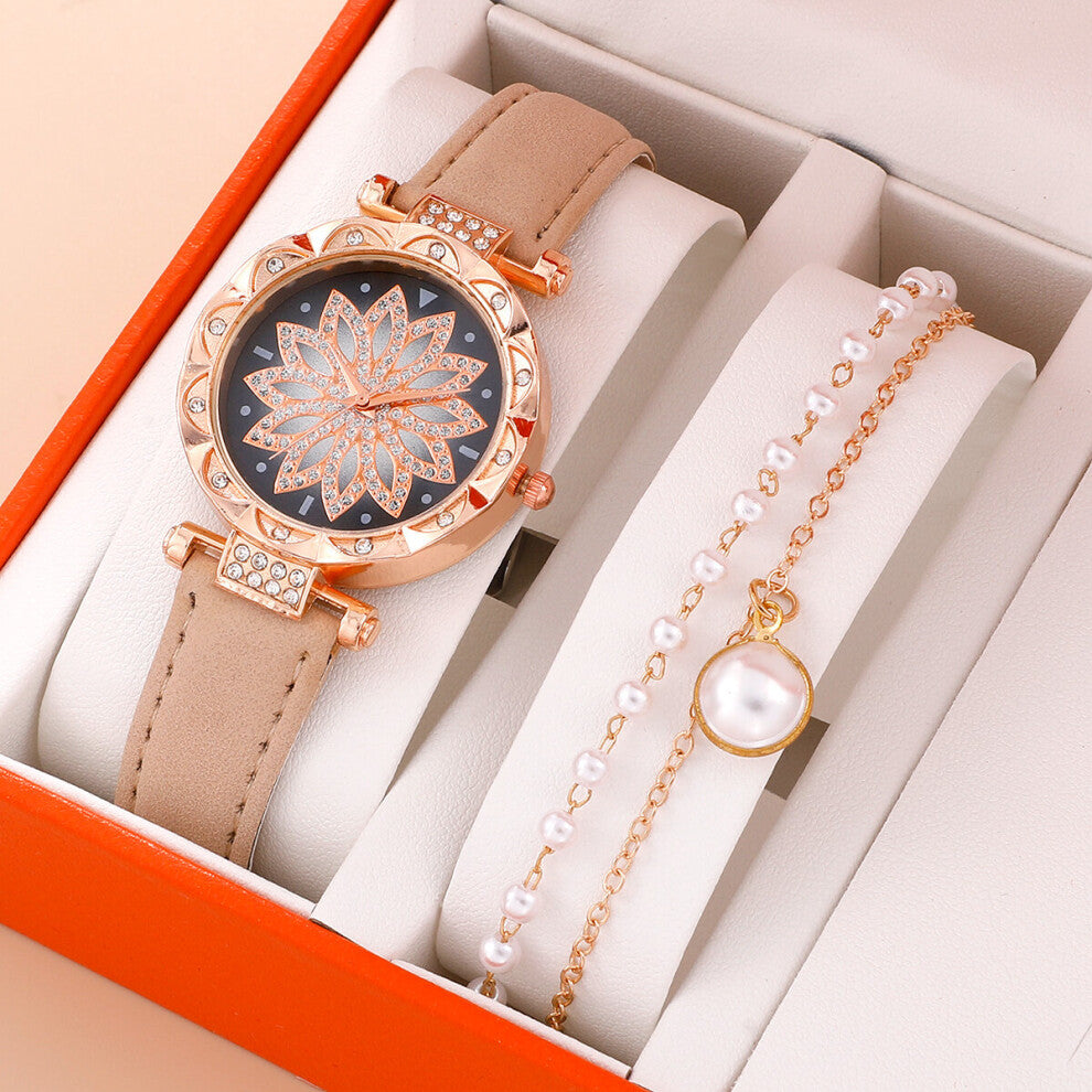 Diamond Ladies Watch Casual Leather Dress Quartz WristWatch with Women Bracelet Set