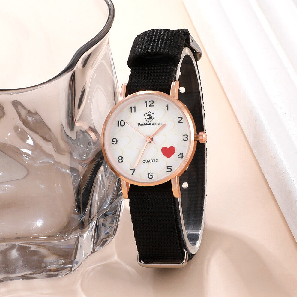 2pcs Ladies Watch Canvas Casual Quartz Wristwatch With Heart-Shape Hair Rope Bracelet