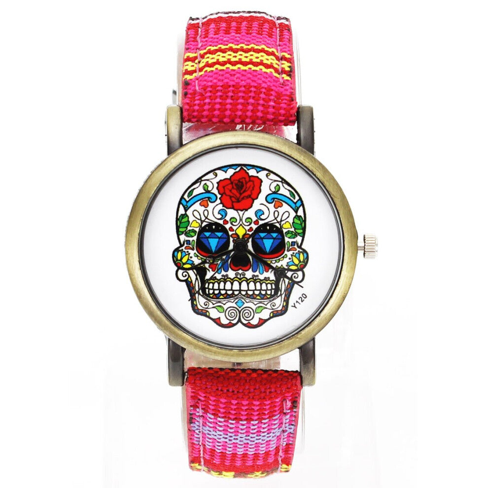 Skull Skeleton Halloween Rose Flowers Watch Men Women Military Denim Band Strap Analog Quartz Wrist Watches