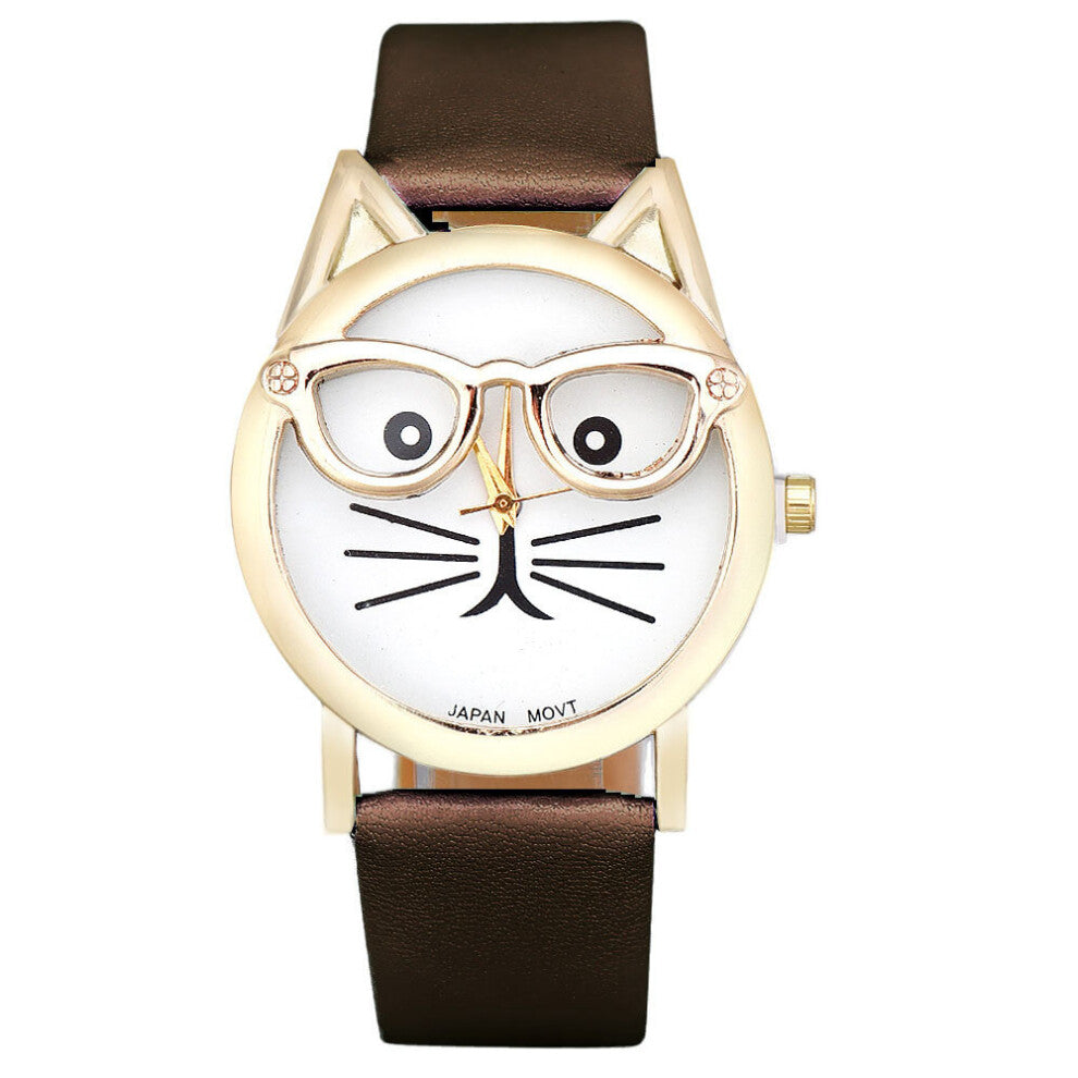 Leopard Print Watches Women Glasses Cat Watches Ladies Faux Leather Band Quartz Wristwatches Gift Montre Femme