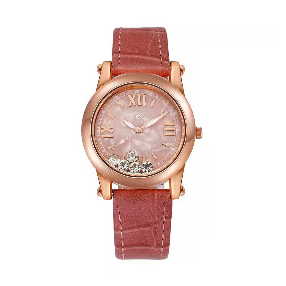 Bamboo Leather Strap Watch Women Dress Wristwatch Female Roll Drill Quartz Watch Ladies Rhinestone Watch Casual Couple Watch