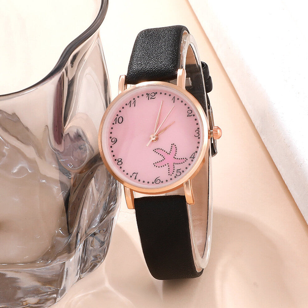 Women's Casual Leather Quartz WristWatch Pink Starfish Dial Kids Watch with Hair Accessory Rubber Band Bracelet
