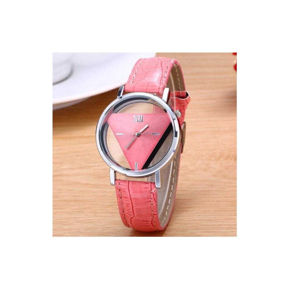 Women Triangular Watches Unique Hollowed-out Watches Red Pink Leather Band Quartz Wrist Watches