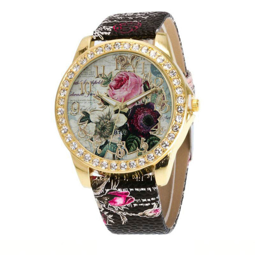 Watches For Women Diamond Round Dial Decoration With Flower Female Watches Leather Rose Pattern Band Women Watch