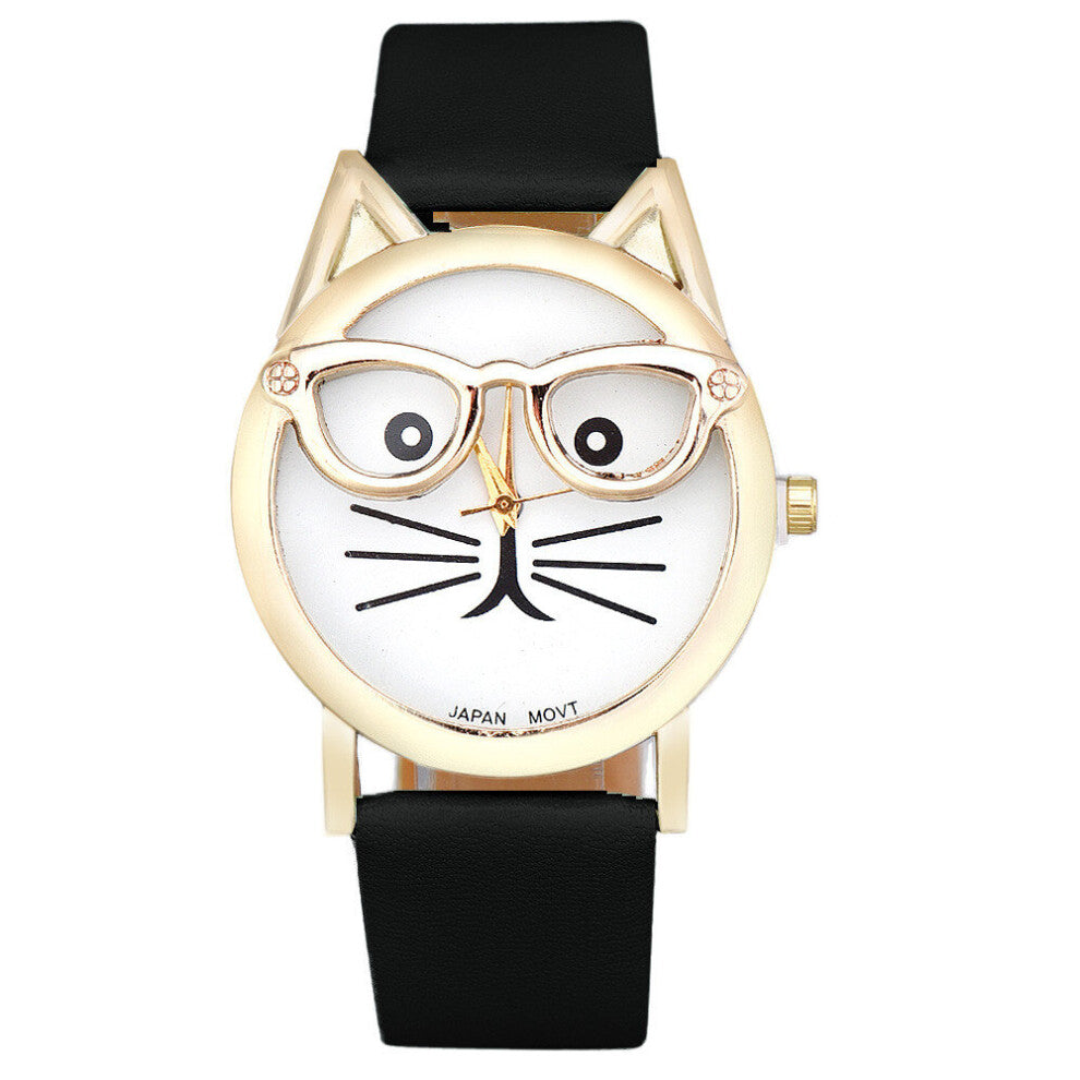 Glasses Cat Watch Ladies Watches Leather Band Quartz Wristwatches Casual Women Watches Gift