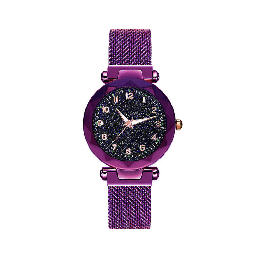 Women Watch Starry Dial Crystal Stainless Steel Mesh Magnetic Belt Ladies Quartz Watch Gift Women Luminous Hands Watches